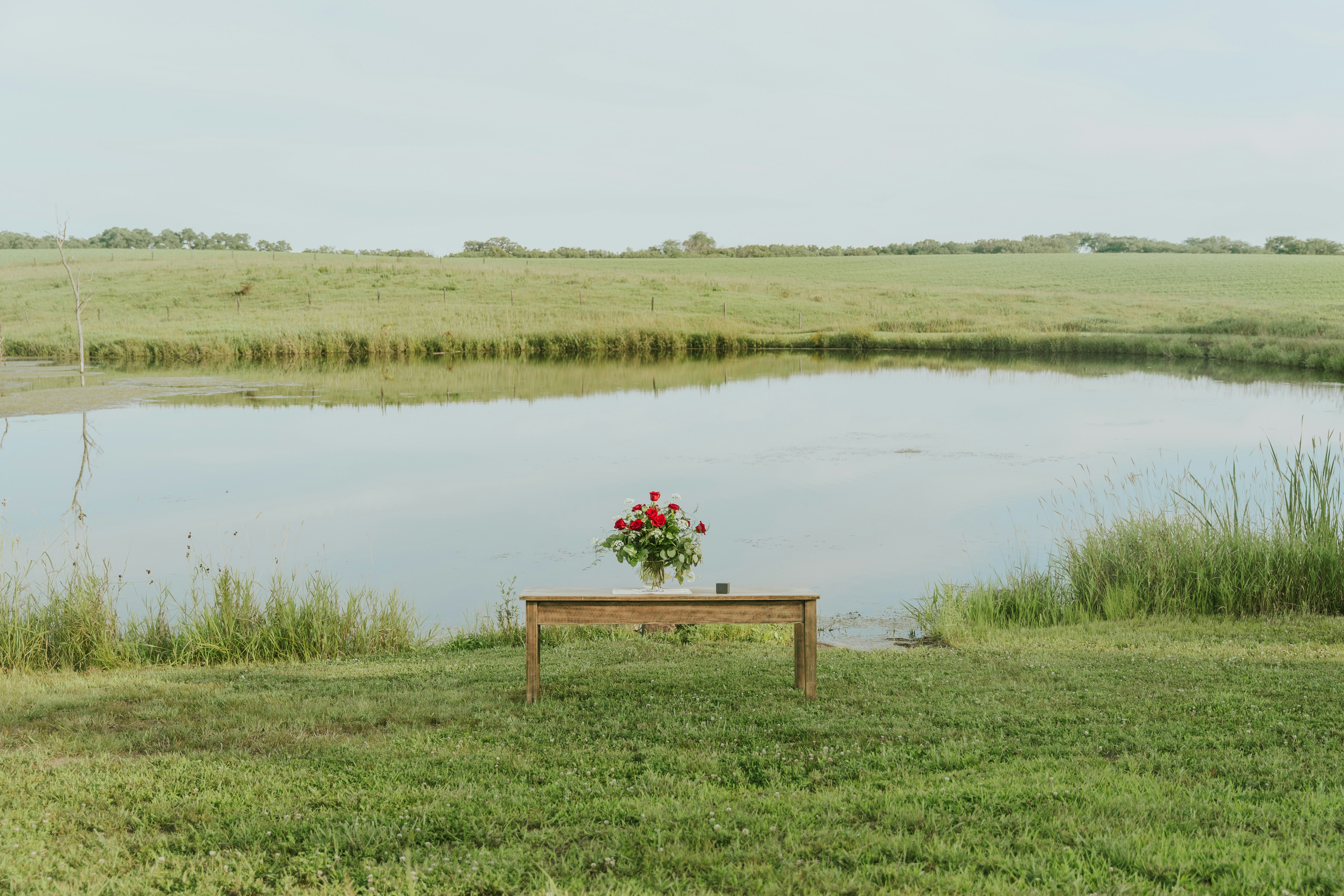 a wooden bench sitting on top of a lush green field