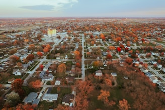 an aerial view of a small town surrounded by trees