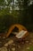 A yellow camping tent is set up in a forested area with dense green foliage and tall trees surrounding it. In the foreground, a foldable camping chair with red legs is placed in front of the tent. The ground is covered with patches of grass, dirt, and scattered rocks. A pair of hiking shoes is visible beside the tent.