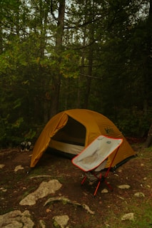 A yellow camping tent is set up in a forested area with dense green foliage and tall trees surrounding it. In the foreground, a foldable camping chair with red legs is placed in front of the tent. The ground is covered with patches of grass, dirt, and scattered rocks. A pair of hiking shoes is visible beside the tent.