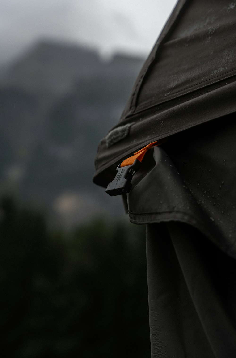a close up of a person's black jacket with a mountain in the background