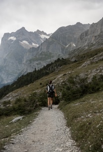 A traveler trekking along a lush green mountain trail in the Indian Himalayas.