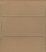 A brown cardboard box, closed and laid flat, with visible creases and slight shadows indicating the box's structure with its intersecting flaps.