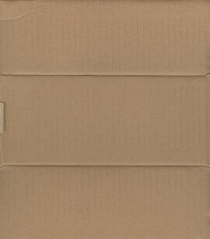 A brown cardboard box, closed and laid flat, with visible creases and slight shadows indicating the box's structure with its intersecting flaps.