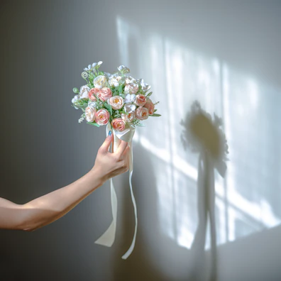 Hand holding a bouquet of fresh pink roses against a soft pink wall.