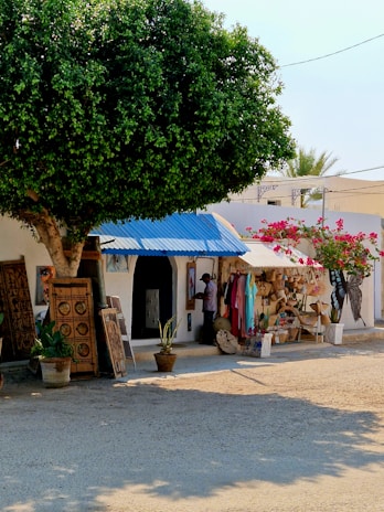 A street scene featuring a quaint shop with various artworks and crafts displayed outside. A large tree offers shade, and colorful clothing hangs on racks. The shop appears to be small and charming, with a rustic feel, enhanced by potted plants and an inviting entrance.