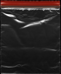 A transparent plastic zipper storage bag with a red and yellow sealing stripe at the top. The bag appears shiny under light, showing reflections and creases in the material.