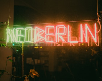 A neon sign displaying the word 'NEOBERLIN' with a vibrant glow. The letters are outlined in green and pink colors, creating a lively and retro atmosphere. The background appears dim and slightly blurred, enhancing the contrast and focus on the neon sign. Some plant elements are visible in the foreground, adding a natural touch to the urban aesthetic.