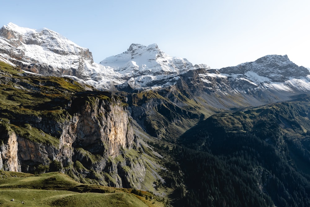 a mountain range with snow covered mountains in the background