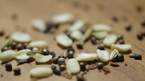 Colorful assortment of basil, caraway, muskmelon, and watermelon seeds displayed on a rustic wooden table.
