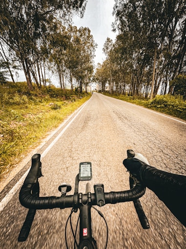 A cyclist training on a scenic road with a modern bike and coaching app visible.