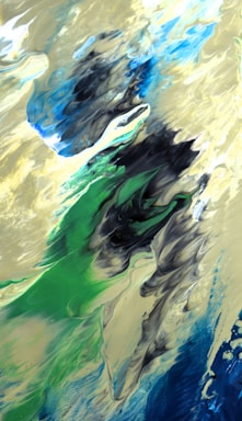 A dynamic abstract painting featuring swirling patterns. The artwork incorporates a mix of vibrant blues, rich greens, and soft earthy tones, with black accents creating a sense of depth and movement. The textures appear fluid, resembling the movement of water or clouds.