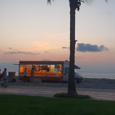 A food truck is parked on a pebbly beach during sunset. The sky is painted with soft hues of pink and orange, and a couple of clouds dot the horizon. A palm tree is silhouetted in the foreground, and a group of people stand near the food truck, illuminated by its warm lights.