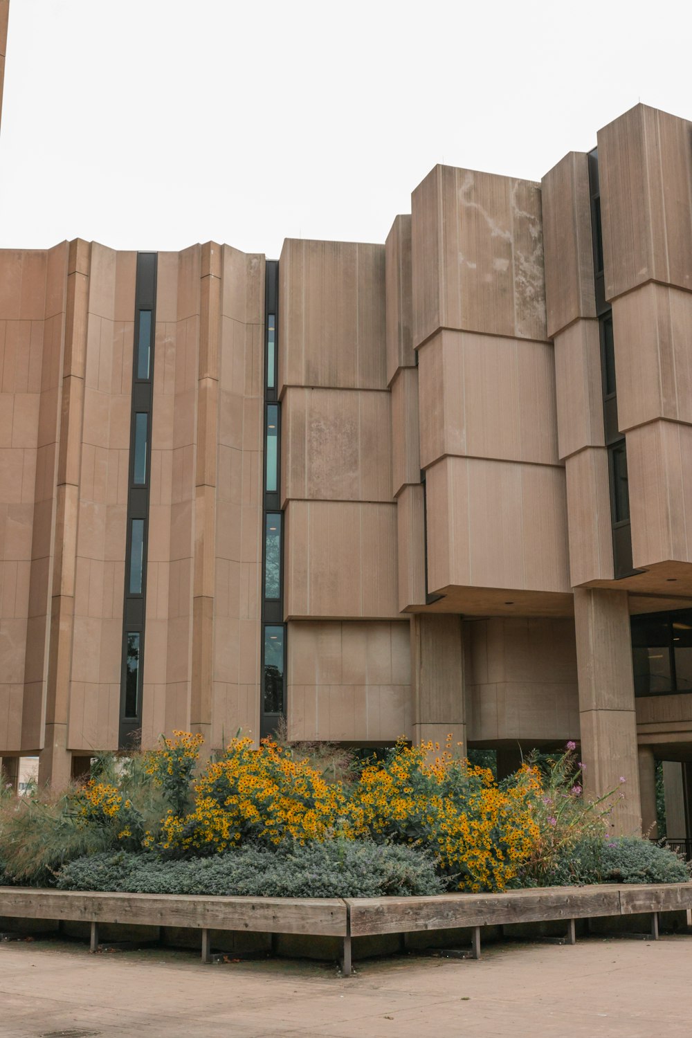 a large building with a bunch of plants in front of it