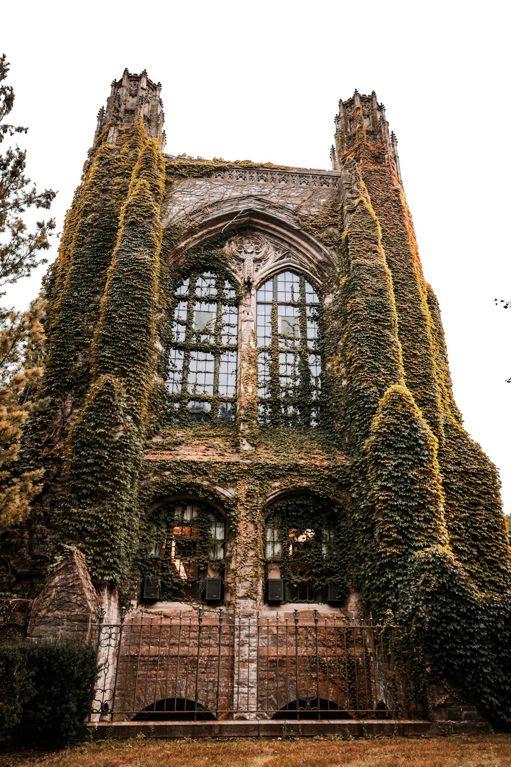 an old building with ivy growing all over it