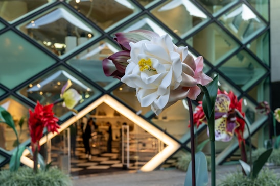 Large, oversized flowers with intricate details are placed in front of a building with a geometric patterned glass facade. People can be seen inside the building, which has modern, chic lighting and decor.