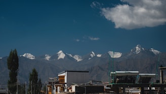 Snow-capped mountains under a clear blue sky with a few clouds. In the foreground, there are buildings with solar panels and some trees.