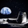 A lunar boot print is prominently displayed in the foreground on a dusty, rocky surface with the Earth visible in the black star-filled sky.