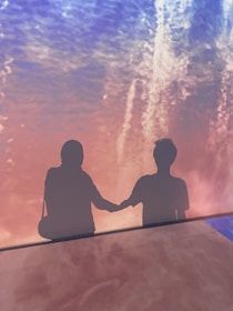 Two silhouettes standing side by side on a background featuring a blend of pink and blue hues. They are holding hands, casting shadows against a colorfully lit wall, creating a romantic and abstract visual effect.