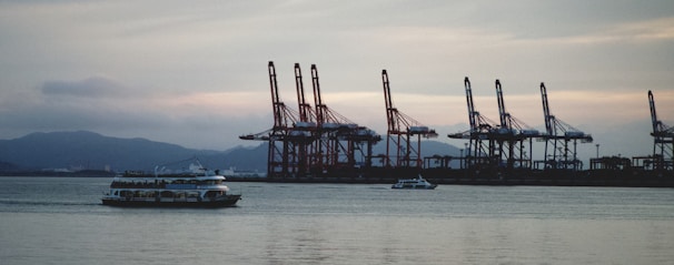 Close-up of a heavy-lift vessel securing oversized cargo with cranes at sunset.