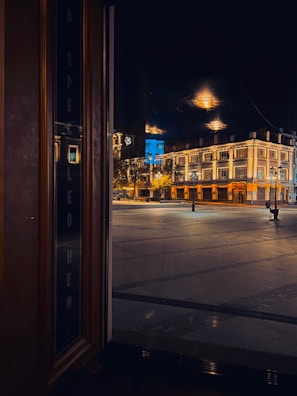 Evening view of gorriti plaza's exterior illuminated with subtle ambient lighting