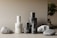A collection of skincare bottles with minimalist designs arranged alongside textured stones against a muted background. The bottles vary in size and are labeled with 'facebk.' The scene is complemented by the presence of a small leafy plant, adding a touch of greenery.