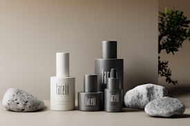 A collection of skincare bottles with minimalist designs arranged alongside textured stones against a muted background. The bottles vary in size and are labeled with 'facebk.' The scene is complemented by the presence of a small leafy plant, adding a touch of greenery.
