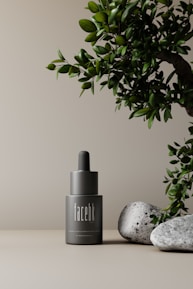 A minimalistic scene featuring a gray cosmetic bottle with a dropper top, labeled 'facebk'. It is set against a neutral beige background. A lush green plant is visible on the right side, accompanied by a couple of textured gray stones at the base, creating an elegant and natural aesthetic.