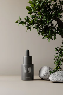 Minimalist scene featuring the oil bottle on a smooth stone surface with scattered rosehip and argan nuts