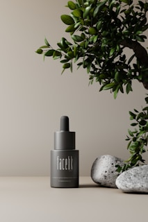 A minimalistic scene featuring a gray cosmetic bottle with a dropper top, labeled 'facebk'. It is set against a neutral beige background. A lush green plant is visible on the right side, accompanied by a couple of textured gray stones at the base, creating an elegant and natural aesthetic.