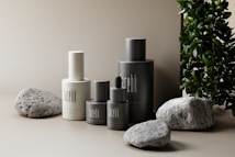 A minimalist arrangement of skincare product bottles in neutral tones is set against a soft beige background. The bottles are labeled 'facebk' and vary in height and size. Natural stone elements and lush green foliage accentuate the scene, adding a contrast of texture and color.