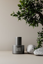 A sleek, matte-finished bottle labeled 'facebk' is positioned on a light beige surface. To the right of the bottle, a green leafy branch extends partially into the frame. Two smooth gray stones are placed adjacent to the bottle, adding a natural element to the composition. The background is minimalist and neutral, enhancing the focus on the bottle and natural elements.