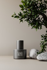 A sleek, matte-finished bottle labeled 'facebk' is positioned on a light beige surface. To the right of the bottle, a green leafy branch extends partially into the frame. Two smooth gray stones are placed adjacent to the bottle, adding a natural element to the composition. The background is minimalist and neutral, enhancing the focus on the bottle and natural elements.