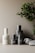 A collection of minimalist skincare bottles arranged on a smooth surface with a natural, matte finish. The bottles are labeled 'facebk' and vary in sizes with a sleek design. To the right, green foliage adds a touch of freshness while a few natural stones provide an earthy contrast.