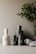 A collection of minimalist skincare bottles arranged on a smooth surface with a natural, matte finish. The bottles are labeled 'facebk' and vary in sizes with a sleek design. To the right, green foliage adds a touch of freshness while a few natural stones provide an earthy contrast.