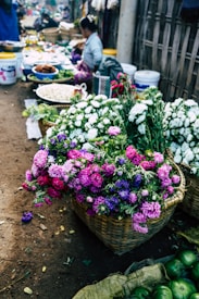 A vibrant market scene with baskets overflowing with bright pink, purple, and white flowers. Various other market goods, such as fruits and vegetables, are visible in the background. A person can be seen sitting near the baskets, engaging in market activities. The atmosphere is lively and colorful, with natural lighting highlighting the freshness of the produce.