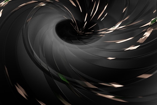 A swirling, abstract design centered around a dark void. Curved, metallic-like bands create a dynamic vortex pattern with reflections of light and shadow.