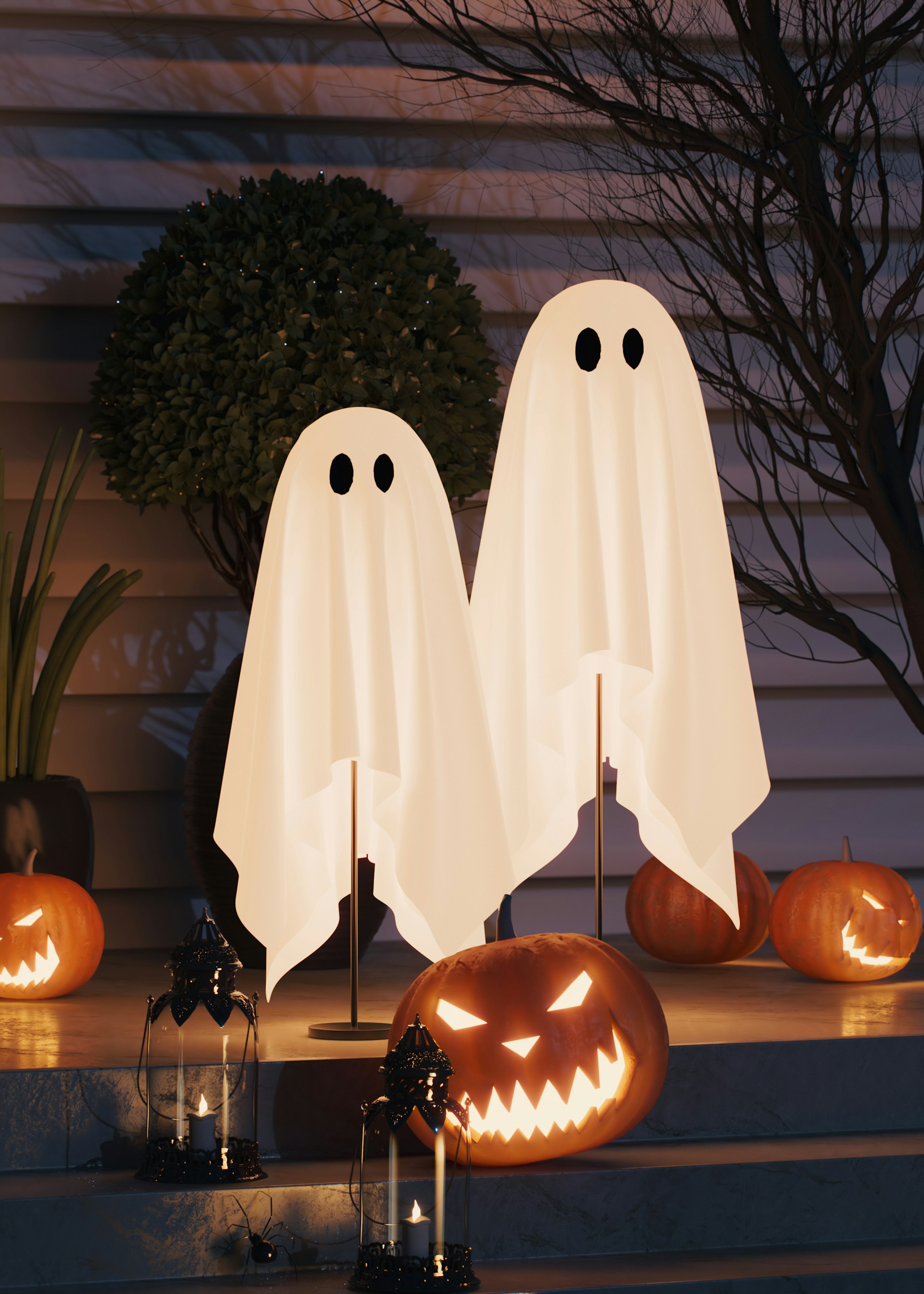 a couple of pumpkins sitting on top of a step