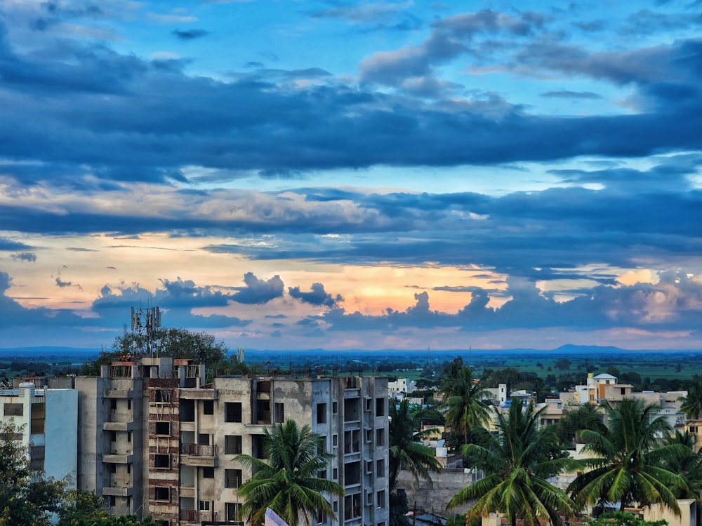 a view of a city with palm trees and clouds