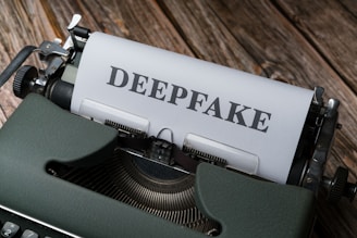 A vintage typewriter with a sheet of paper loaded, displaying the word 'DEEPFAKE' in bold letters. The typewriter sits on a wooden surface, adding a rustic touch to the image.