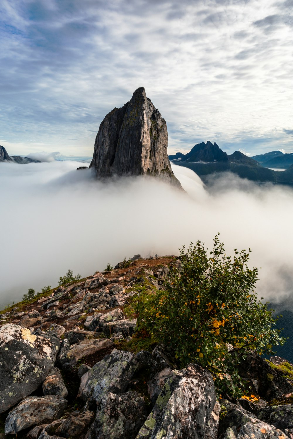 a mountain covered in fog and low lying clouds