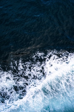 Waves of the ocean with foamy white crests crash against the dark blue water surface, creating a sense of motion and energy.