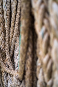 Close-up of several thick, textured ropes arranged in a vertical fashion, showing detailed fibers and intertwined strands.