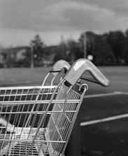 A close-up of a shopping cart with a blurred background of a parking lot and trees. The cart's handle is visible, emphasizing its metal structure.