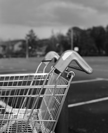 A close-up of a shopping cart with a blurred background of a parking lot and trees. The cart's handle is visible, emphasizing its metal structure.