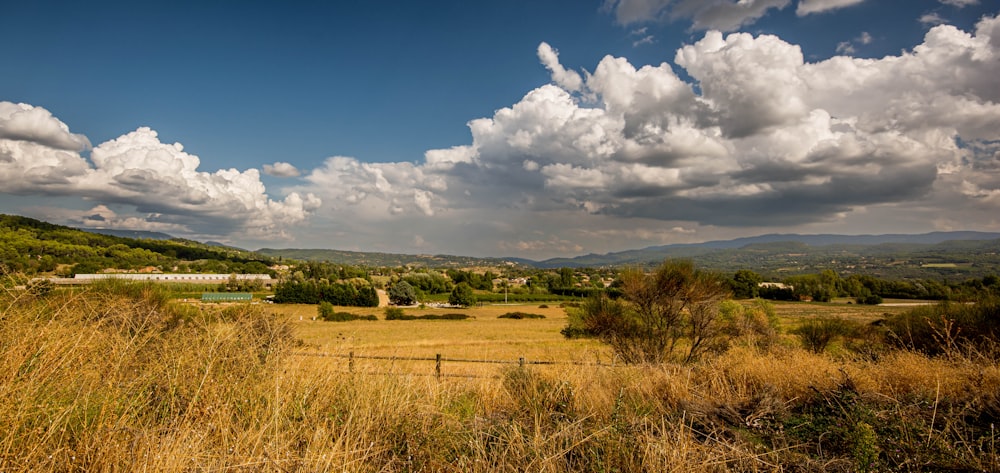 a grassy field with a fence and mountains in the background