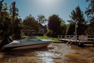 A white motorboat is docked by a wooden pier on a calm, brown river. The background features lush green trees and a white house with blue accents partially obscured by foliage. The scene is illuminated by bright sunlight.