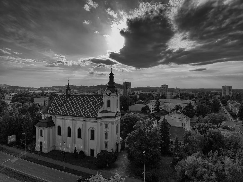 a black and white photo of a church