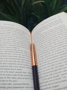 An open book with a quill pen resting beside it, symbolizing creativity and storytelling.