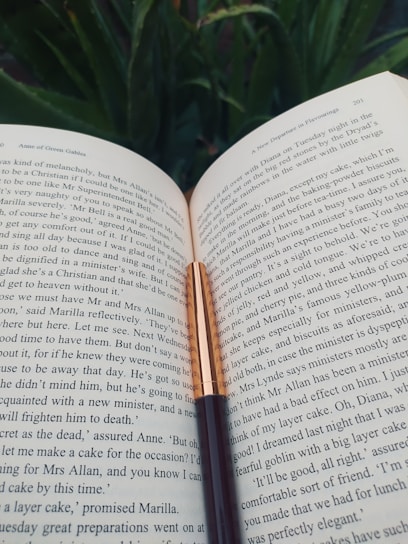 An open book with a quill pen resting beside it, symbolizing creativity and storytelling.